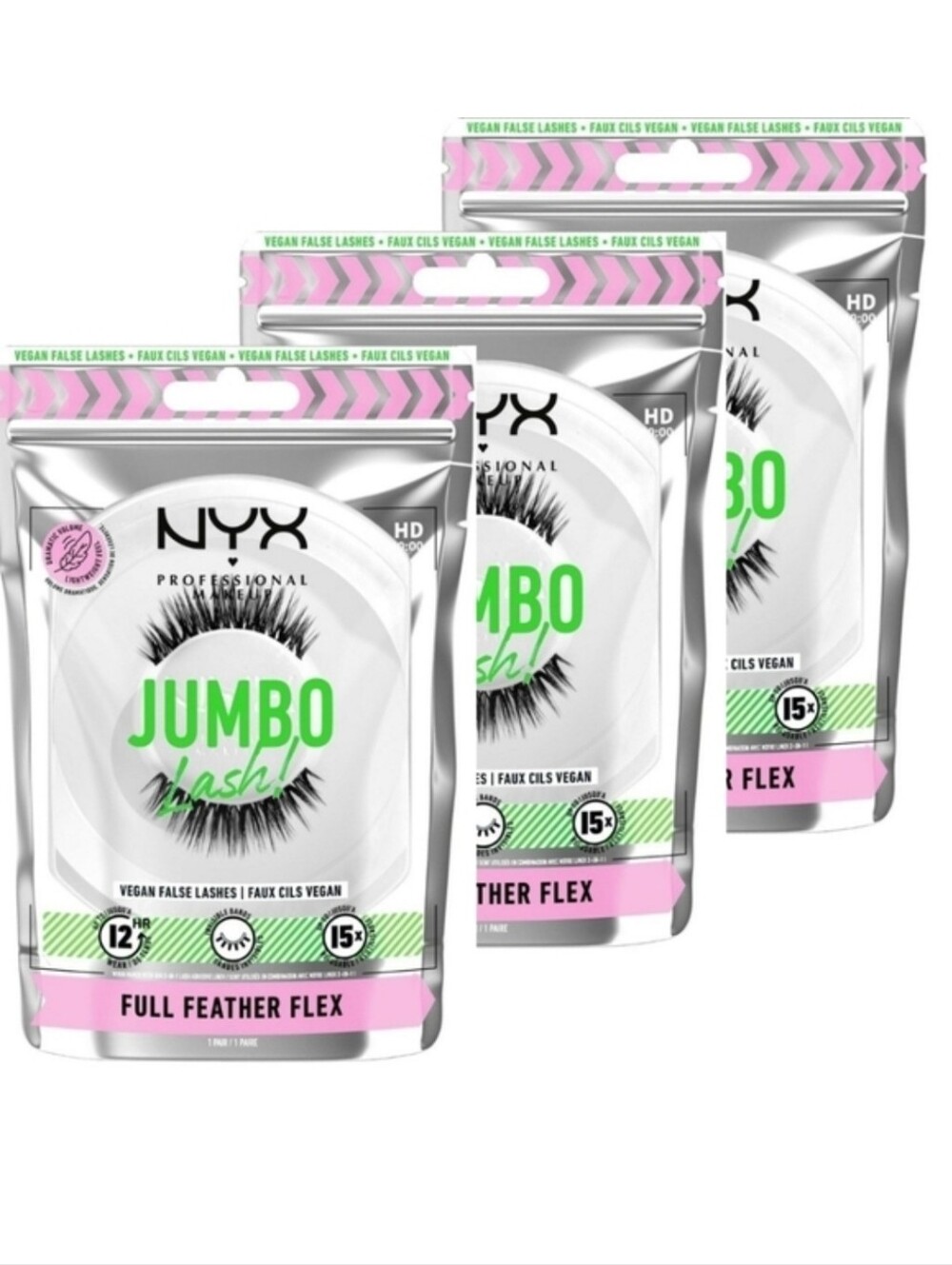 NYX Jumbo Lash! Vegan False Lashes - Full Feather Flex - 3 Packs -Reusable - 12h